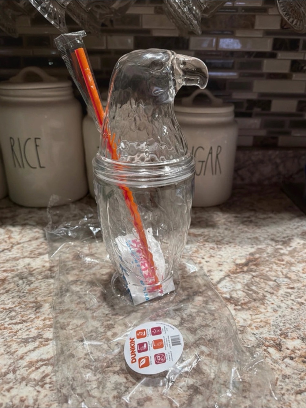 Brand New Dunkin Clear Eagle Head Tumbler with Orange Straw